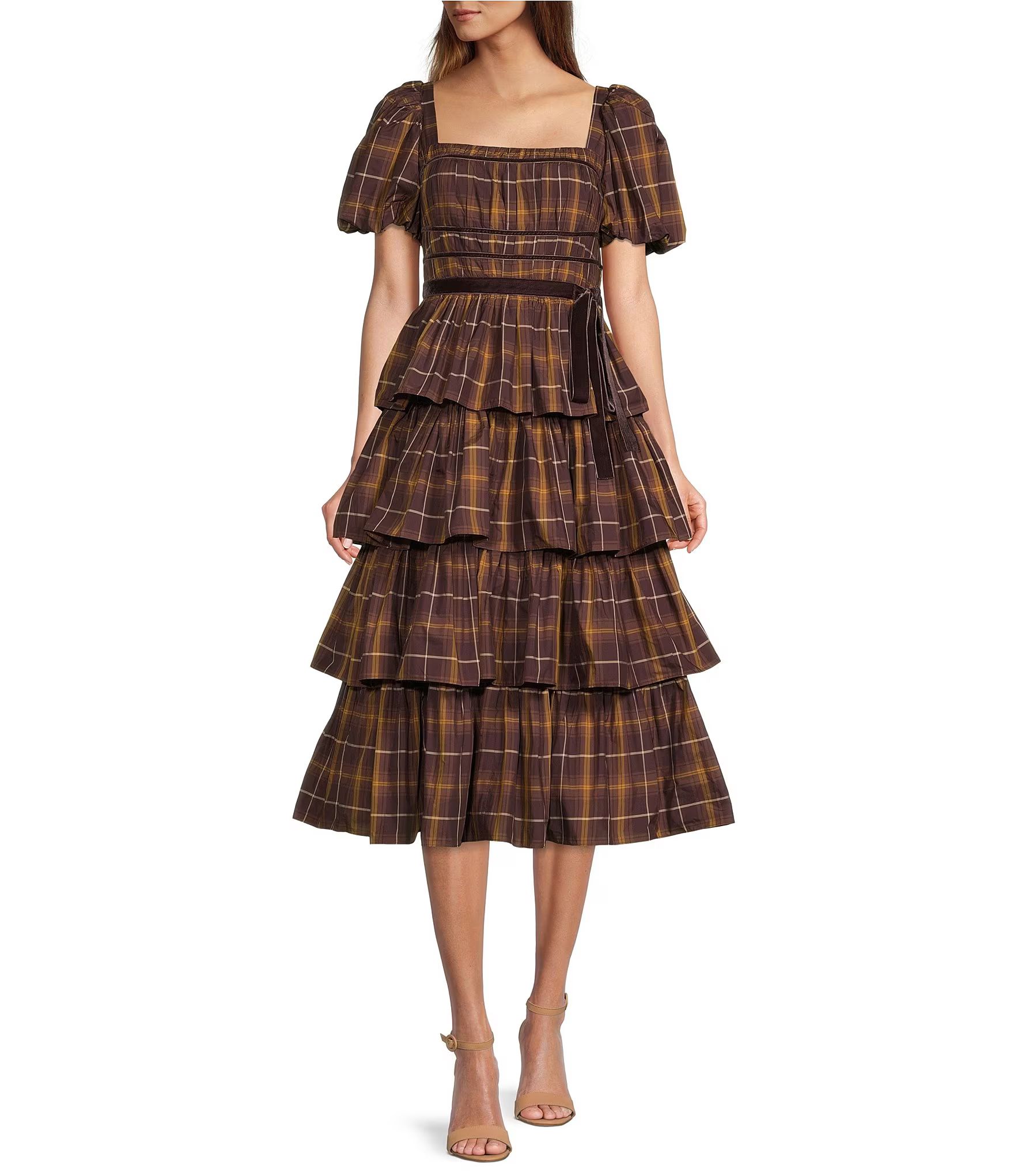 Antonio Melani Maisie Plaid Print Square Neck Puff Sleeve Midi Dress | Dillard's | Dillard's