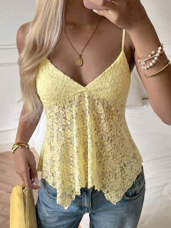 Sunny Sweet Style Summer Women's Y2K Yellow Lace Camisole Top, Sexy Asymmetrical Hem Design Casual | SHEIN