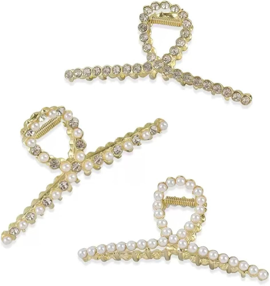 3 Pieces Rhinestone and Pearl Hair Claw Clips for Women Gold Metal Claw Clip Grils Decorative Lar... | Amazon (US)