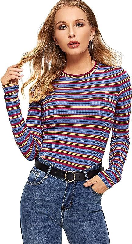 Milumia Women's Casual Striped Tee Ribbed Knit Slim Fit Long Sleeve T Shirts | Amazon (US)