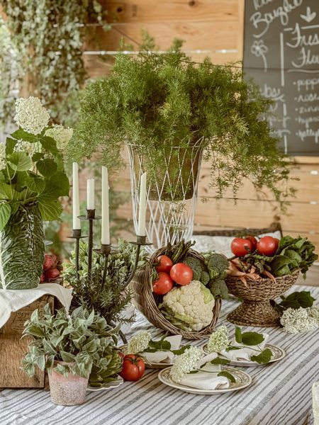A cozy garden summer inspired tablescape. I’ve also rounded up my favorite candelabras and faux potted herbs for too friend, from my favorite: Antique Farmhouse. 🍅🕯️🥬🥕

#LTKStyleTip #LTKSeasonal #LTKHome