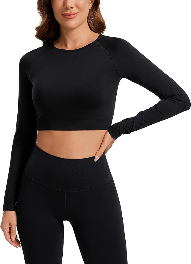 CRZ YOGA Seamless Long Sleeve Shirts for Women Ribbed Workout Tops Athletic Crop Tops Cropped Run... | Amazon (US)