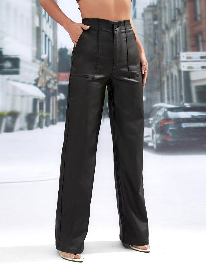 SHEIN Privé High Waist PU Leather Straight Leg Jeans | SHEIN