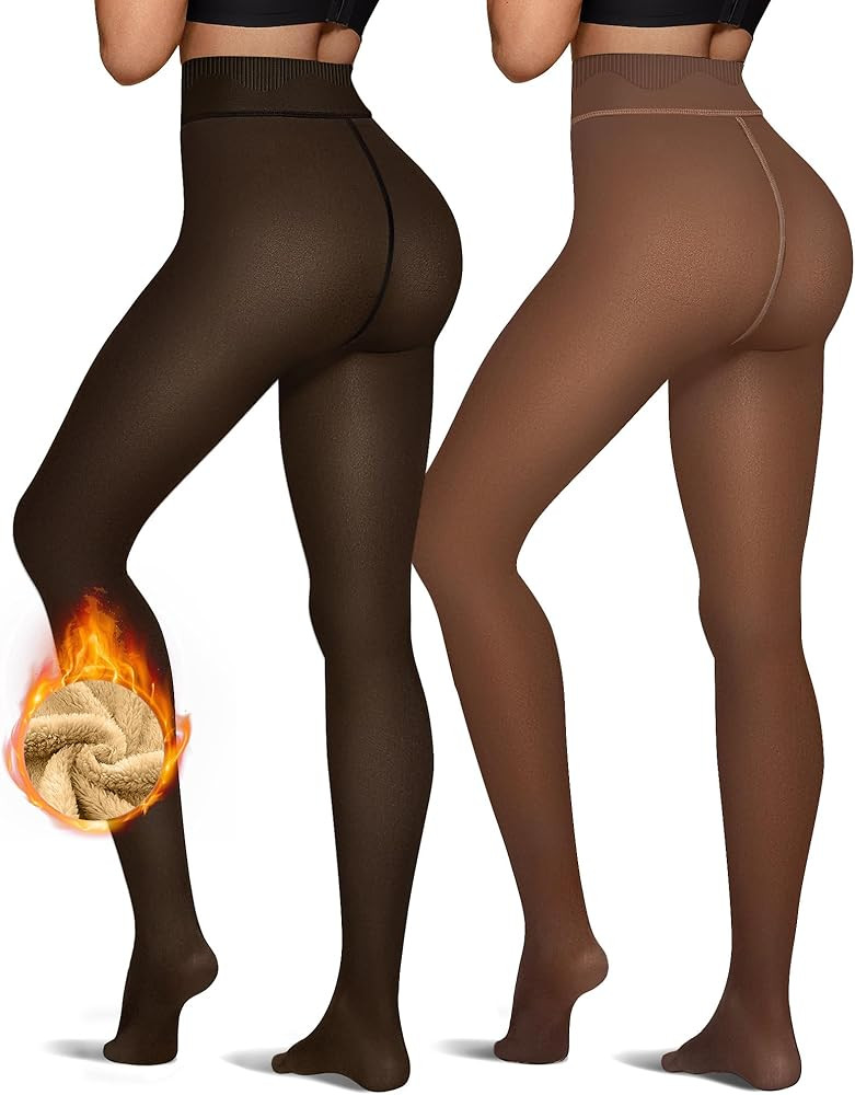 OEAK Womens 2 Pairs Fleece Lined Tights Leggings Sheer Fake Translucent Pantyhose Thermal High Wa... | Amazon (US)