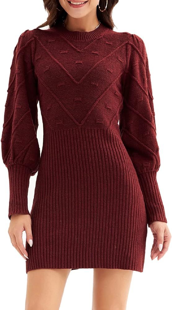 LIUMILAC Women Long Sleeve Knit Sweater Dress Crewneck Slim Bodycon Pencil Dress | Amazon (US)