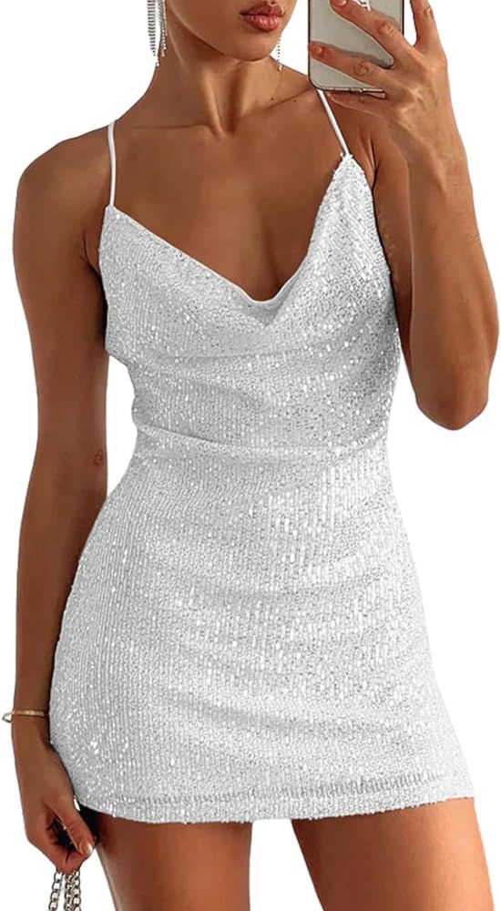 Sidefeel Women's Square Neck Bodice Dress Sequin Glitter Sexy Spaghetti Strap Sleeveless Backless... | Amazon (US)
