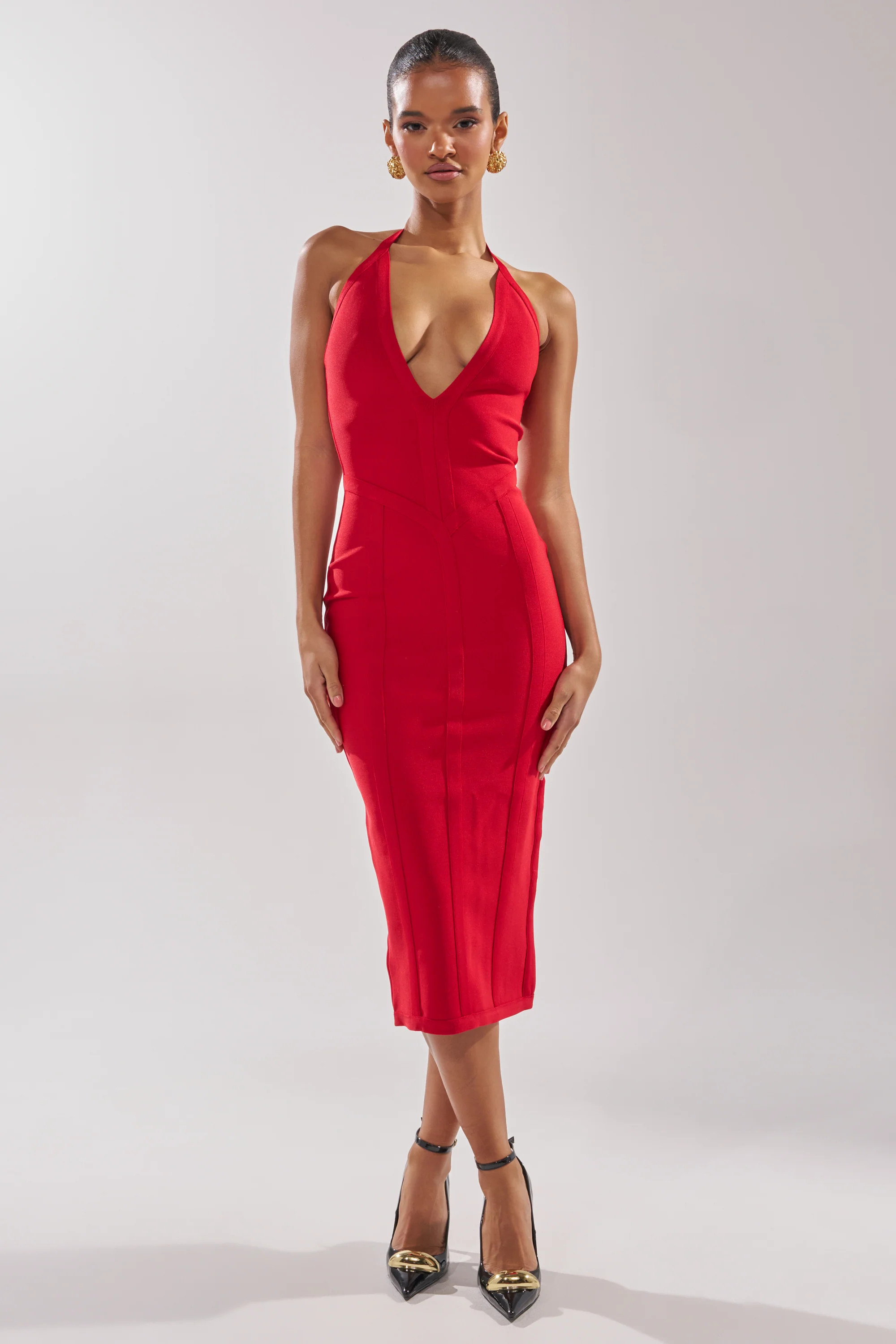 TIA BANDAGE MIDI DRESS IN RED | AKIRA