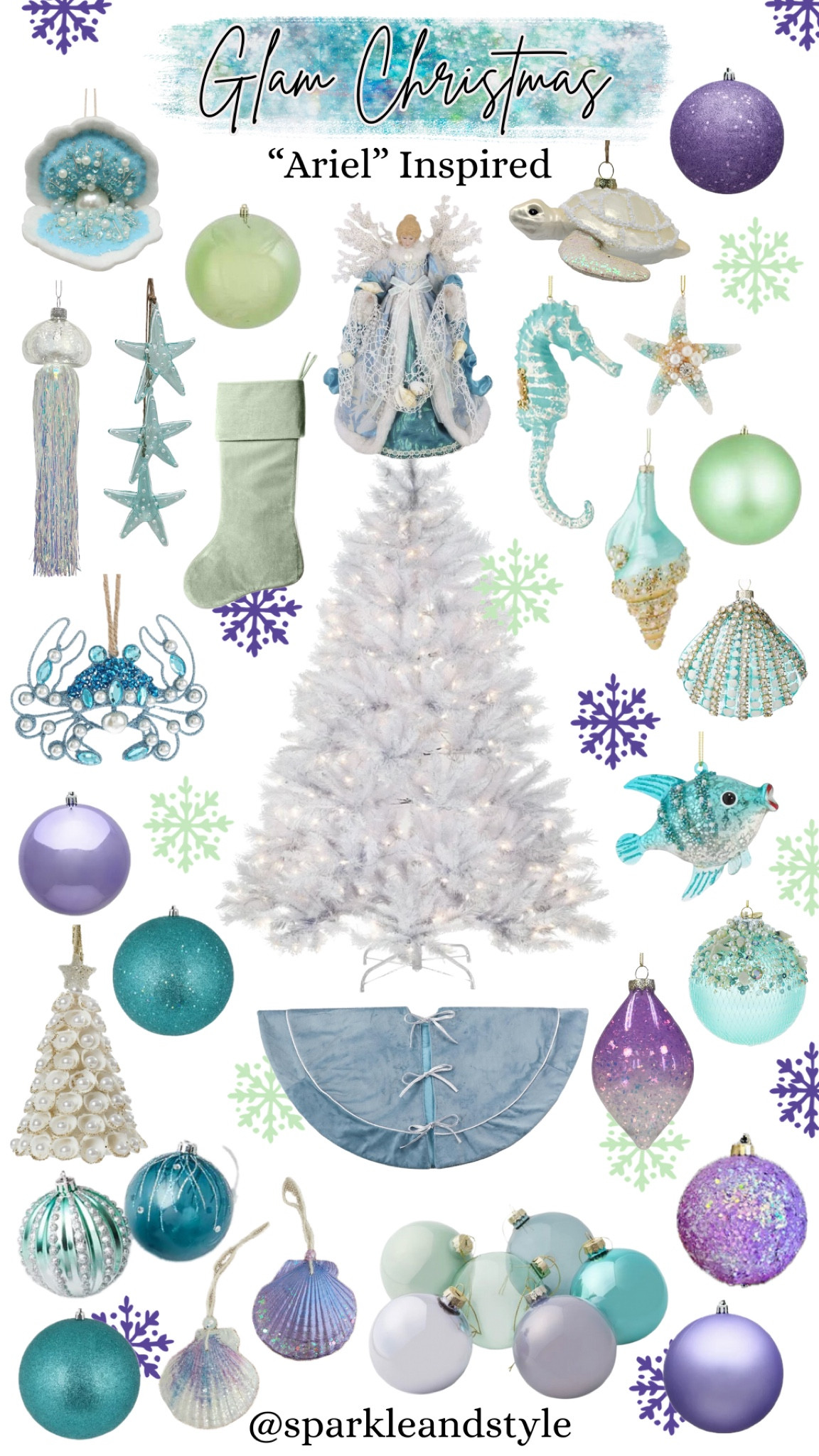 Glam Christmas: Ariel Inspired 💚🩵💜

Christmas decor, Christmas tree, Christmas ornaments, Christmas ribbon, Christmas tree skirt, christmas stocking, Christmas wreath, Christmas tree topper, Christmas stocking holder, Disney Christmas, green, blue, and purple Christmas decor, teal Christmas ornaments, light blue Christmas ornaments, lilac Christmas tree ornaments, light blue velvet Christmas tree skirt, blue ocean and pearl angel Christmas tree topper, sea shell Christmas ornaments, oyster Christmas tree ornaments, light green stocking, fish ornaments, crab ornaments, turtle ornaments, sea horse ornament, starfish ornaments, jellyfish ornaments, glitter ornaments, pearl oyster Christmas tree ornaments, white Christmas tree, home interior, home decor, home accessories, home decoration, glam Christmas decor, girly girl Christmas, Luxe Christmas, elegant Christmas, classy Christmas, Christmas tree decorations, Christmas decorations

#LTKHome #LTKSeasonal #LTKHoliday