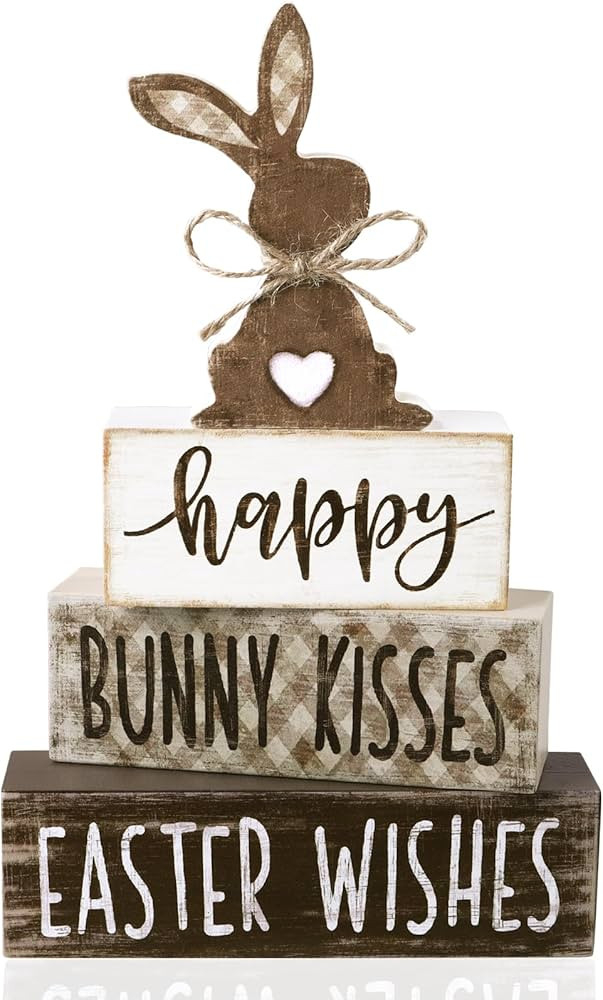4Pcs Easter Tabletop Decorations Bunny Wooden Block Signs Gift Rustic Easter Tiered Tray Decor Ha... | Amazon (US)