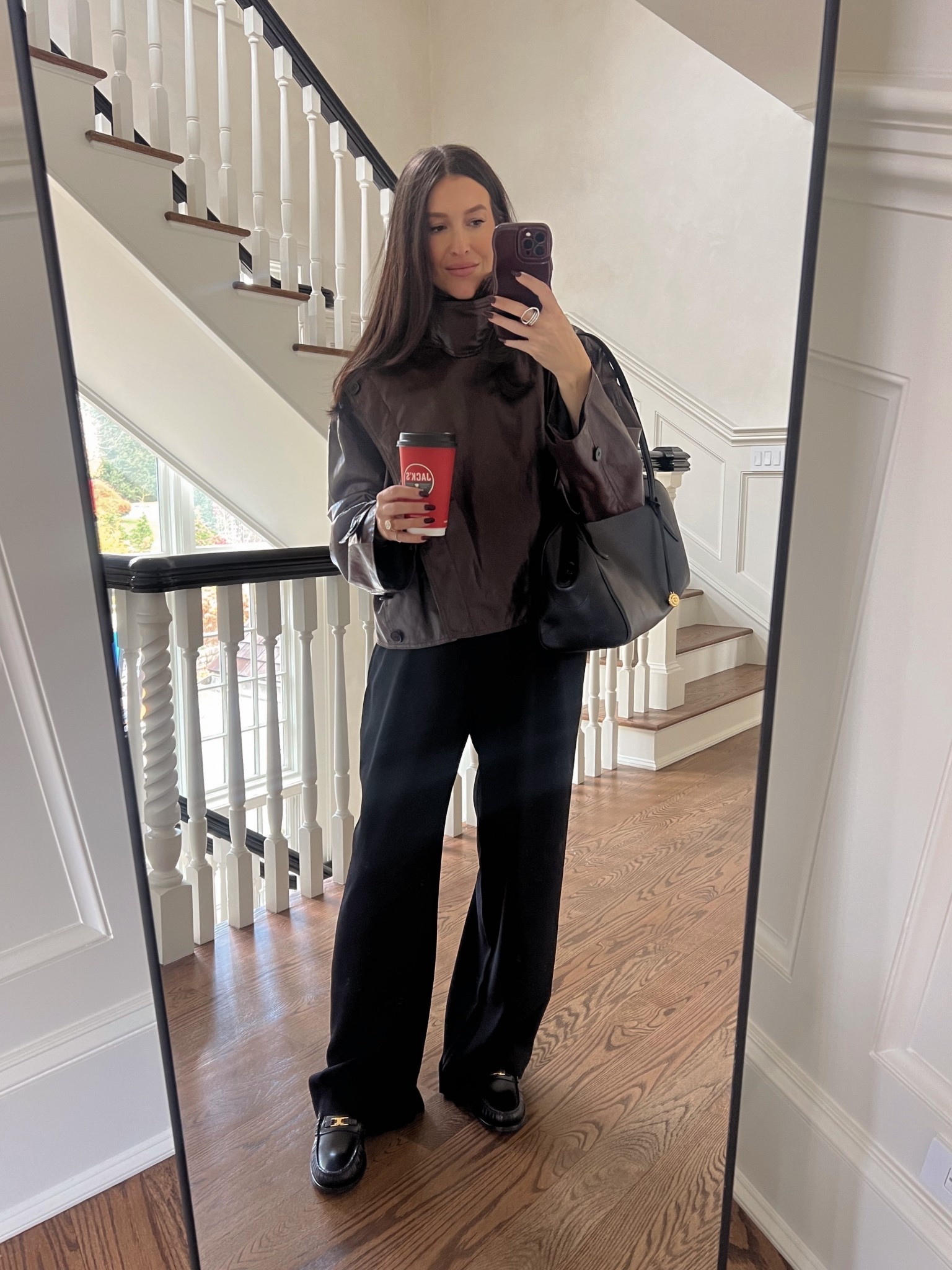 Faux leather jacket wearing a size small, black trousers, fall outfit 

#LTKSeasonal