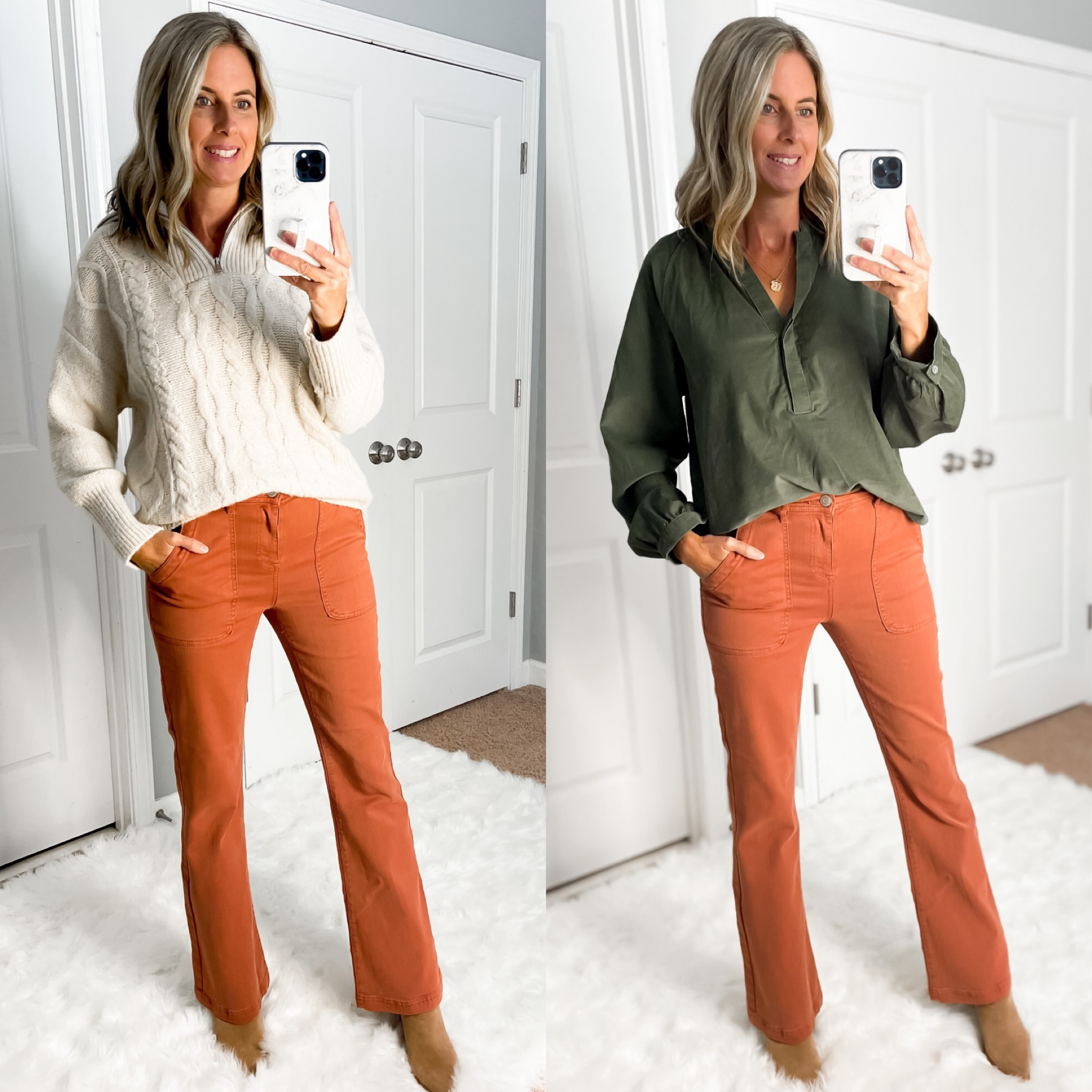 🍁 TARGET FALL LOOKS 🍁 

These rust color flare jeans are such a great fall color! For reference, I’m 5’6 and Wearing a 6.
Cable knit sweater and green top wearing a small. 
Thanksgiving outfit ideas 
Target sweaters
Target jeans 
#fallfashion #targetstyle 



#LTKHoliday #LTKunder50 #LTKSeasonal