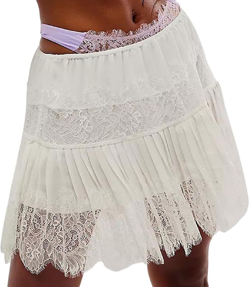 Women Y2k Lace Mini Skirts Summer Lace Slip Skirt Pleated Ruffle Floral Lace Tiered Short Skirts ... | Amazon (US)