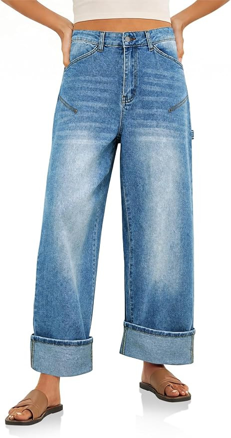 Cicy Bell Womens Striped Wide Leg Jeans Baggy Cuffed Denim Pants | High Waisted，Side Pockets，... | Amazon (US)