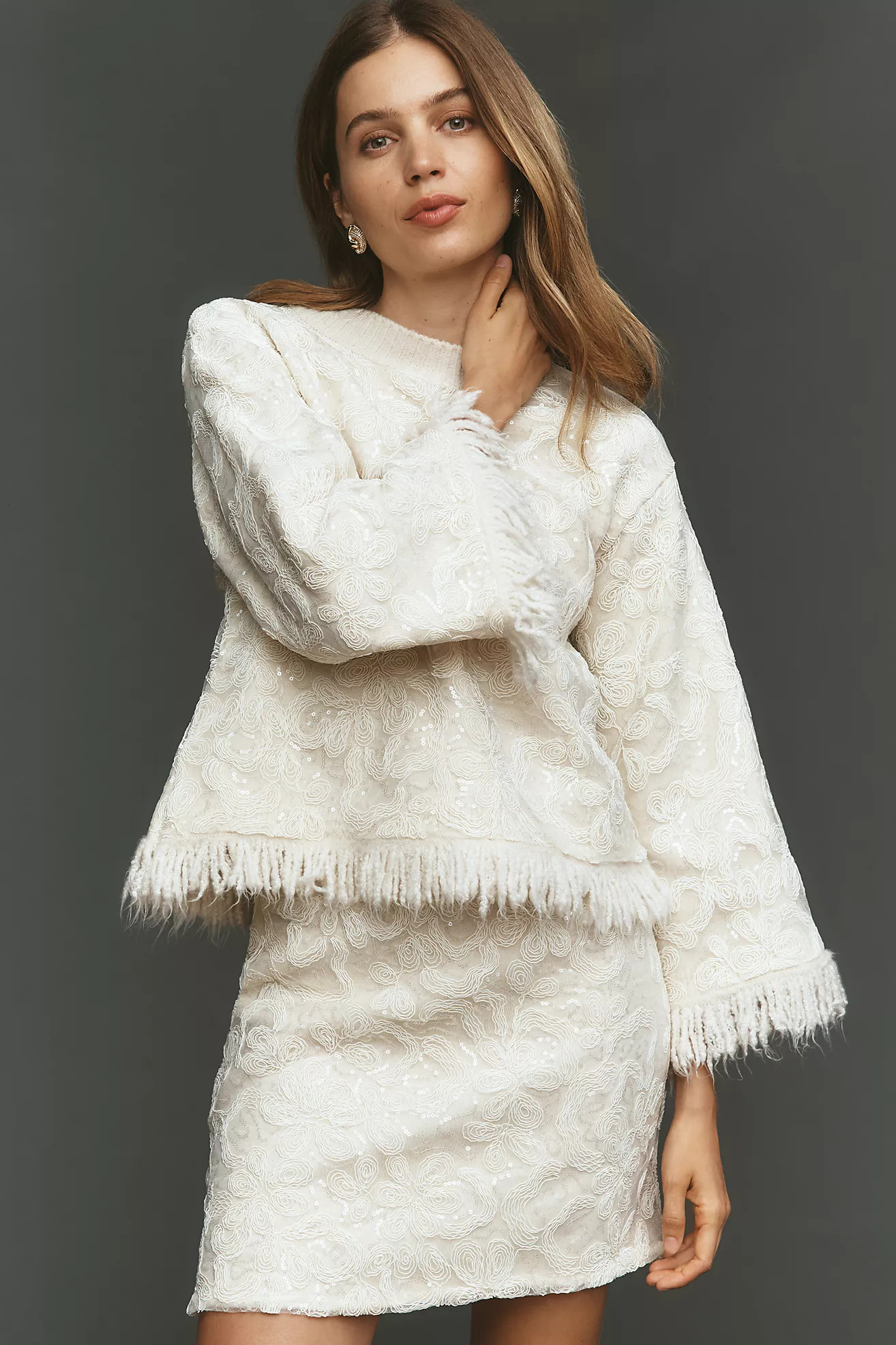 Maeve Shimmer Fringe Boxy Long-Sleeve Top | Anthropologie (US)