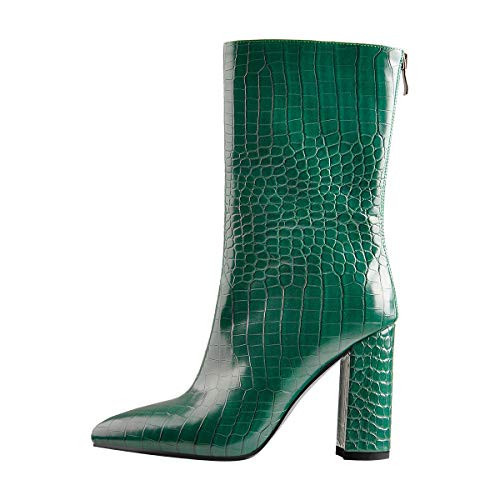 LISHAN Women's Crocodile Skin Colored Mid-calf Chunky Heel Gogo Snakeskin Pointed-toe Boots Fashion Daily Wearing Party Costume Shoes 4in High Heels Emerald Green Size 12 | Amazon (US)