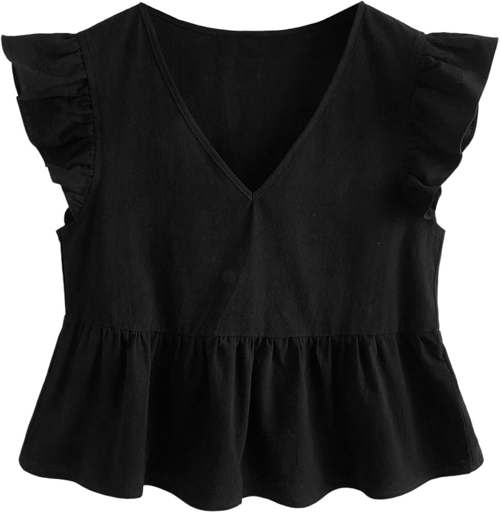 OYOANGLE Women's V Neck Ruffle Cap Sleeve Blouse Cute Flared Hem Babydoll Peplum Tops | Amazon (US)