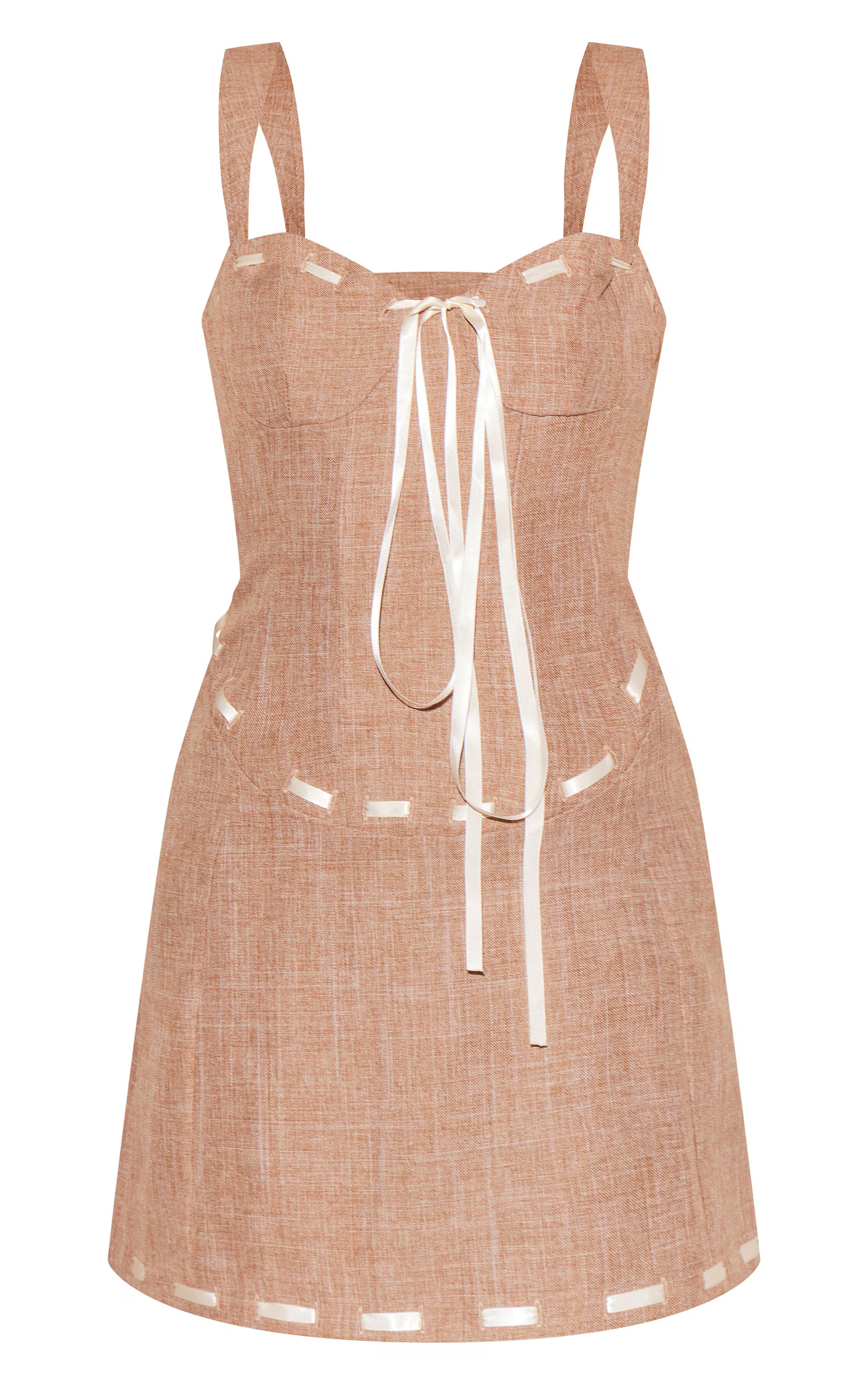 Brown Twill Contrast Ribbon Bodycon Dress | PrettyLittleThing US