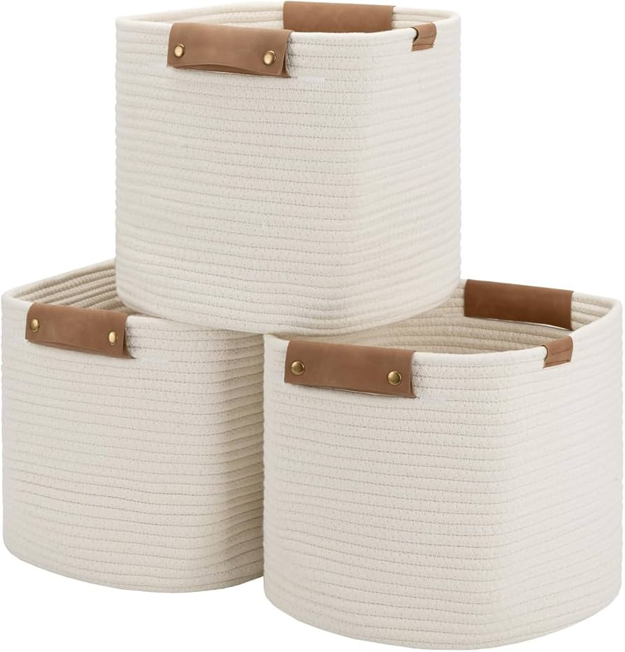StorageWorks 11x11x11 Woven Baskets - 3 Pack, Cotton Rope Baskets with Leather Handles, White - C... | Amazon (US)