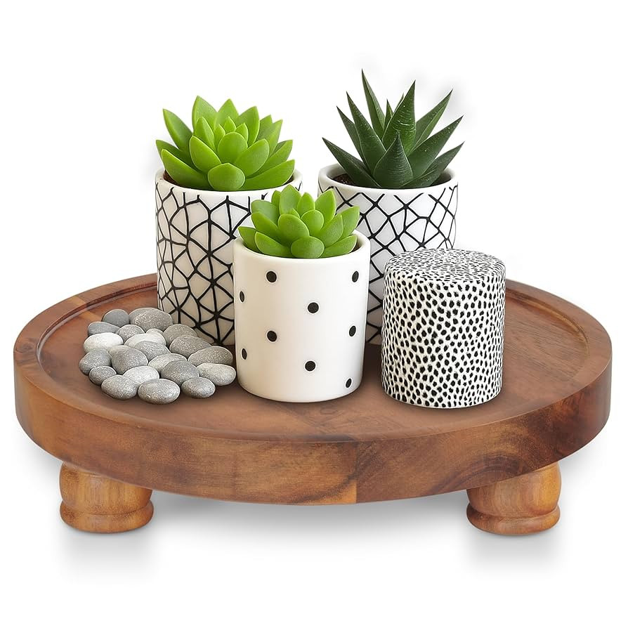 Demigo 10" Acacia Wood Round Tray - Decorative Plant Stand, Farmhouse Countertop Organizer, Multi... | Amazon (US)