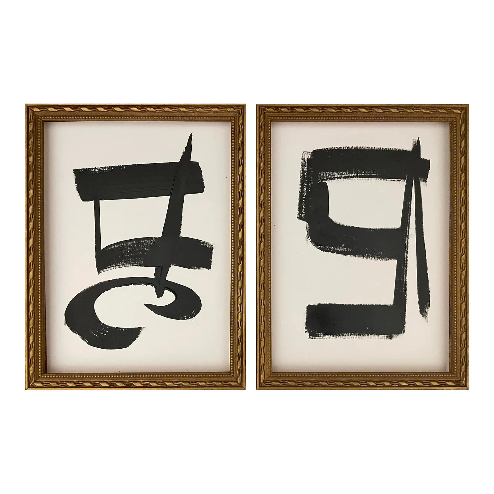 Contemporary Abstract Black and White Framed Paintings - Set of Two | Chairish