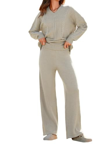 Famulily Cozy Sweater Sets Warm 2 Piece Outfits Knit Sweater Tops Loose Wide Leg Pants Trendy Streetwear Beige L | Amazon (US)