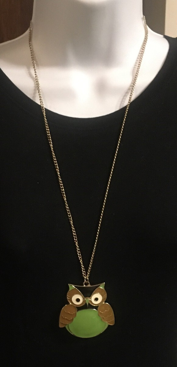 Long OWL Necklace Green Brown White 29 inch Fit Over Head Goldtone | eBay US