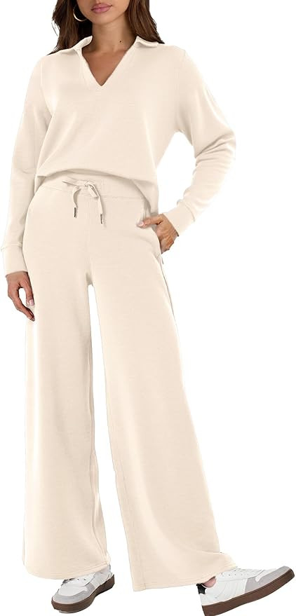 Glamaker Women's 2 Piece Sets Outfits Casual Long Sleeve Sweatsuits Polo Top and Wide Leg Pants M... | Amazon (US)