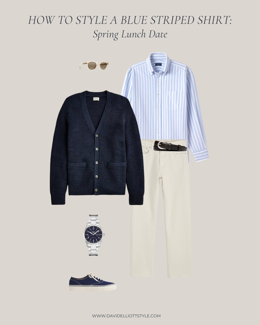 How to Style a Blue Striped shirt for a spring lunch date! This simple look with  a navy cardigan, cream denim, and navy vans is perfect for a slightly elevated look!  

 #LTKSeasonal #LTKMens