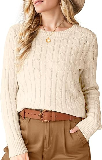 Womens Winter Fall Sweaters 2026 Trendy Cable Knit Long Sleeve Crewneck Tops Casual Outfit Sweate... | Amazon (US)