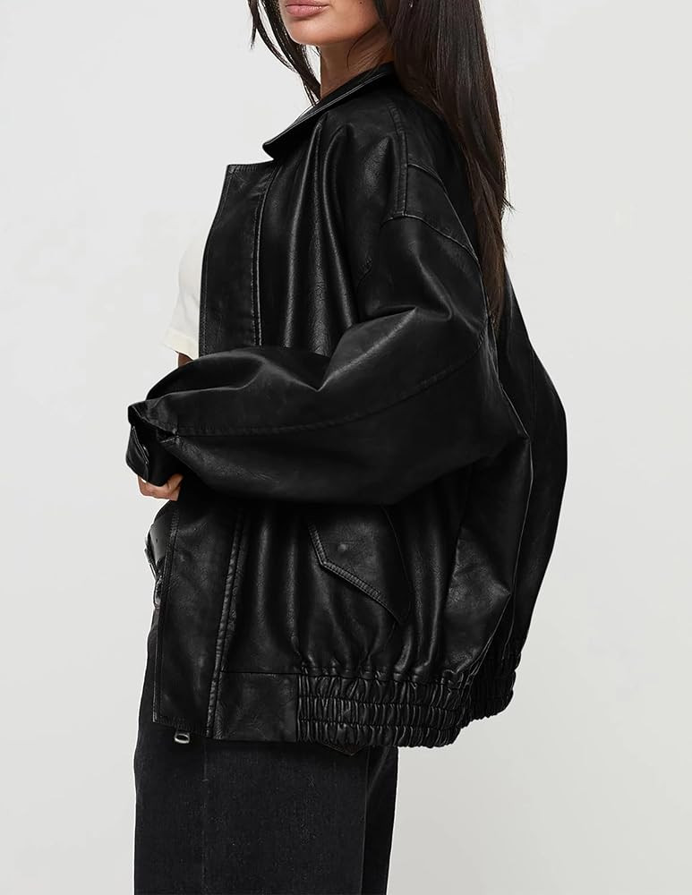 PRETTYGARDEN Women's Faux Leather Motorcycle Jacket Trendy Fall Spring Clothes Oversized Zip Up W... | Amazon (US)