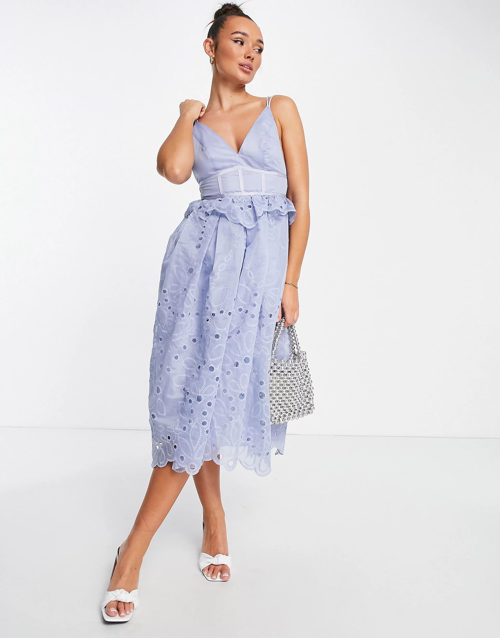 ASOS DESIGN strappy midi dress with floral broderie and lace insert detail in blue | ASOS (Global)