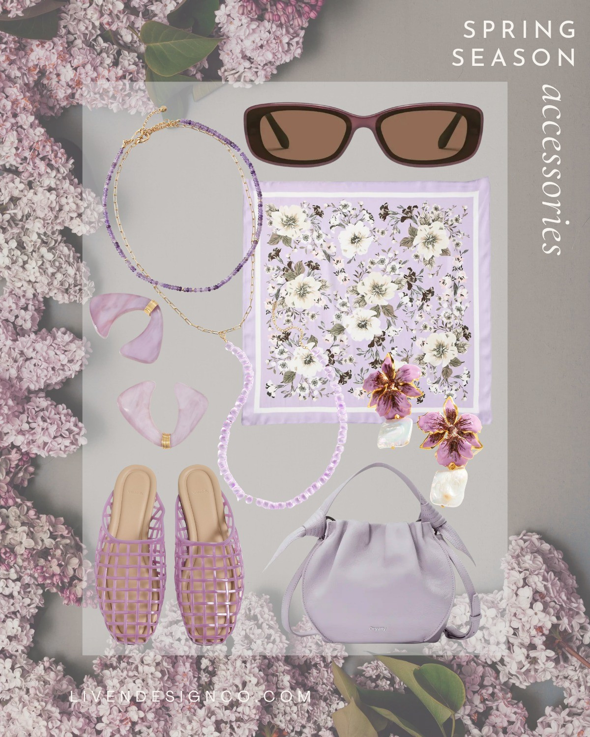 Purple accessories. Spring accessories. Scarf. Jelly flats. Lavender. Sunglasses. Handbag. Lilac. Necklace. Earrings 

#LTKSeasonal #LTKSaleAlert