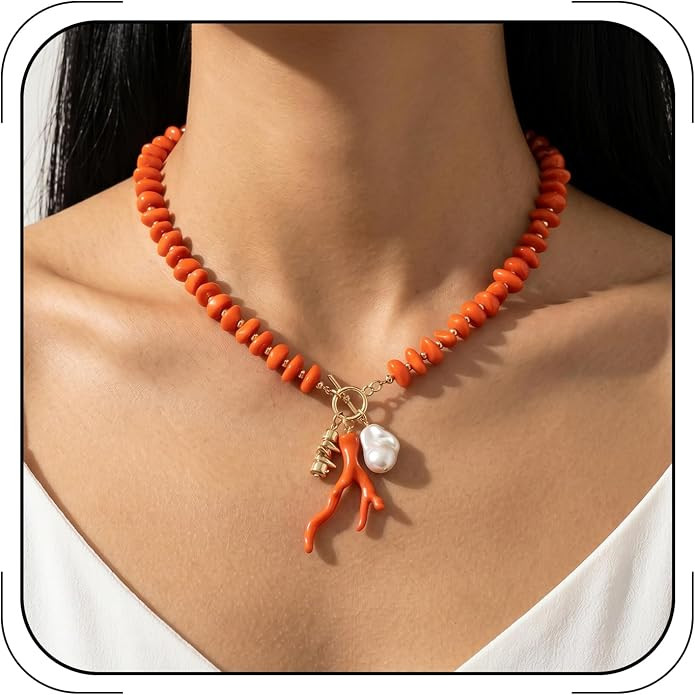 Ocean Coral Pendant Necklace for Women Green Acrylic Beaded Choker Gold OT Clasp Baroque Pearl Ch... | Amazon (US)