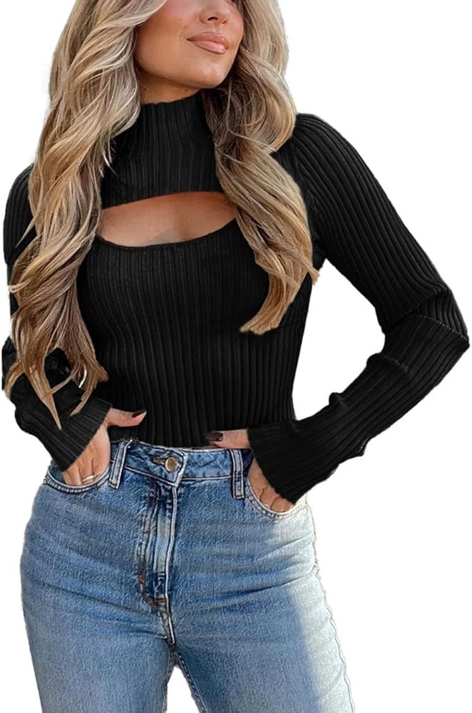 PRETTYGARDEN Women's 2023 Fashion Fall Clothes 2 Piece Cutout Tops Long Sleeve Mock Neck Rib Knit Wi | Amazon (US)