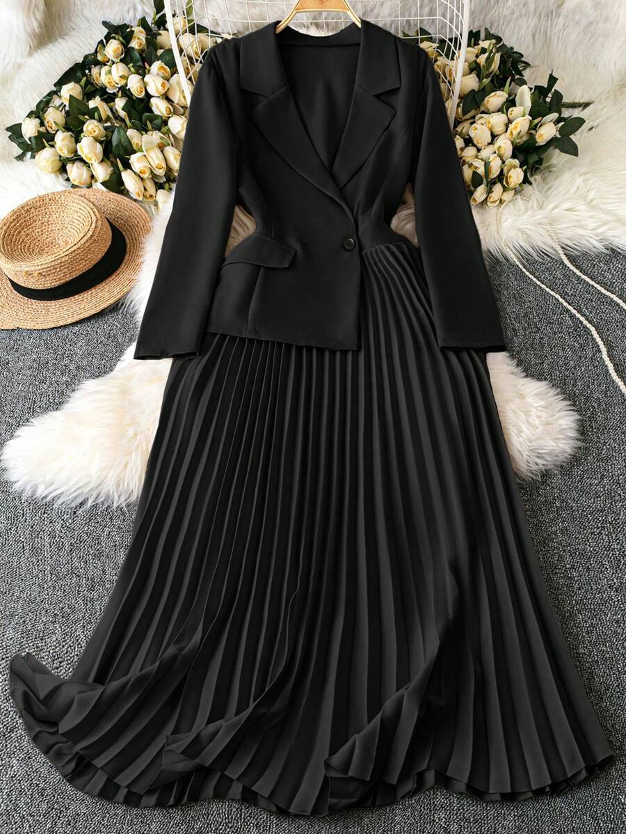 Celure Women's Plus Size Long Sleeve Black Elegant Pleated Maxi Dress, Office Dress, Business Cas... | SHEIN