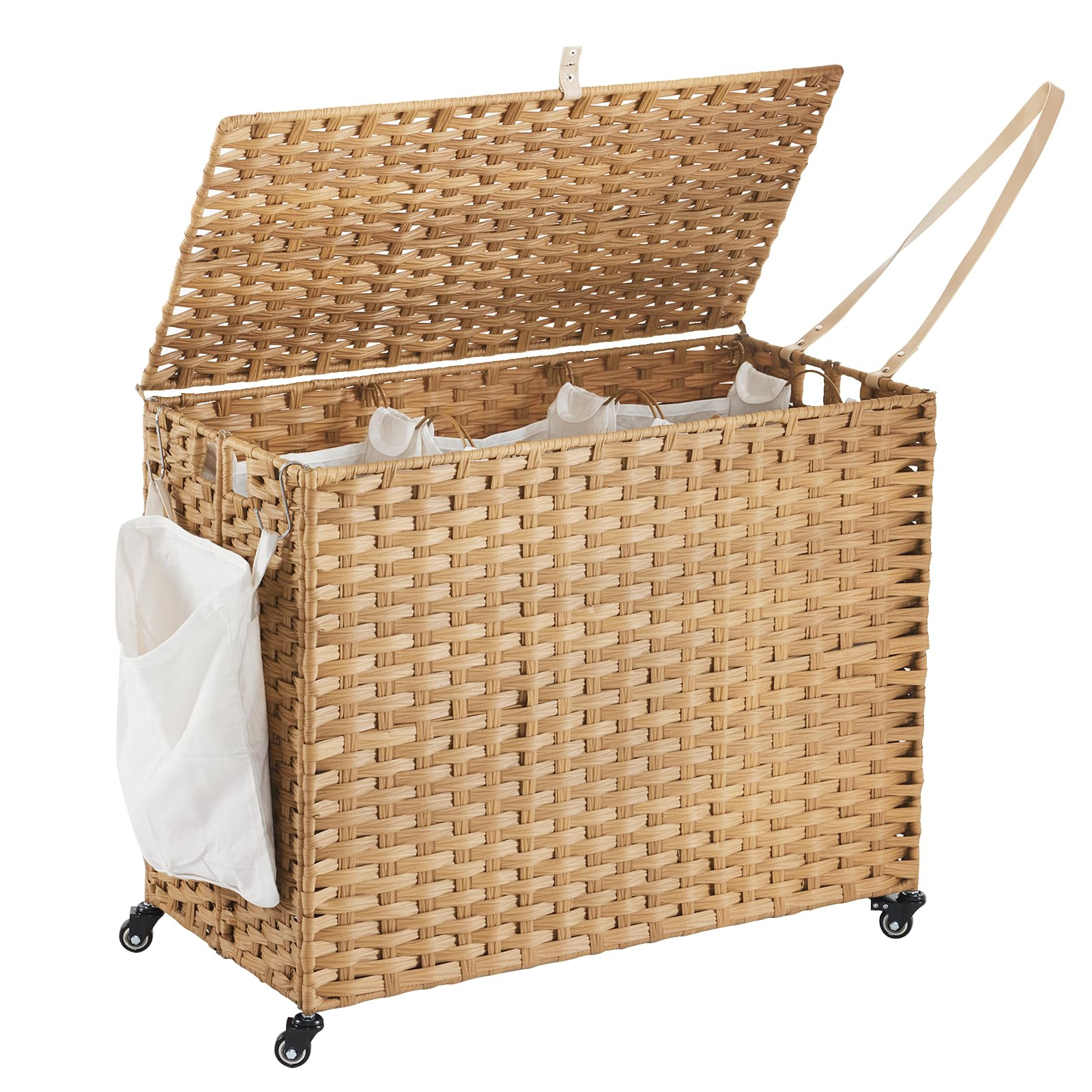 Laundry Hamper with Wheels, 52.8 Gallon(200L) Rolling Laundry Basket with Lid, 3-Section Rattan C... | Amazon (US)