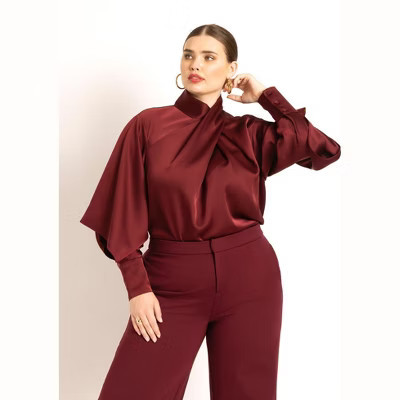 ELOQUII Draped Neck Satin Blouse - 28, Zinfandel | Target