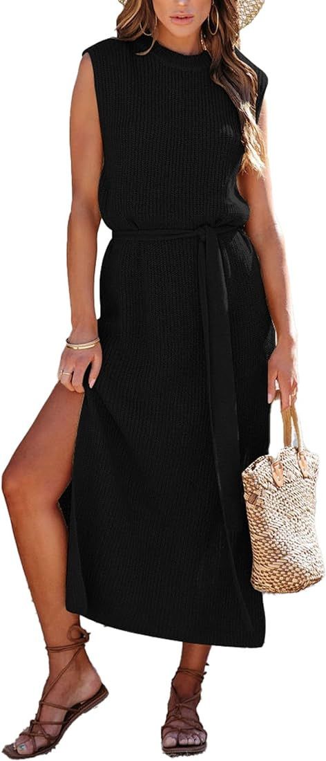 Asskdan Womens Elegant Solid A-Line Sleeveless Slit Midi Sweater Knit Dress with Belt | Amazon (US)