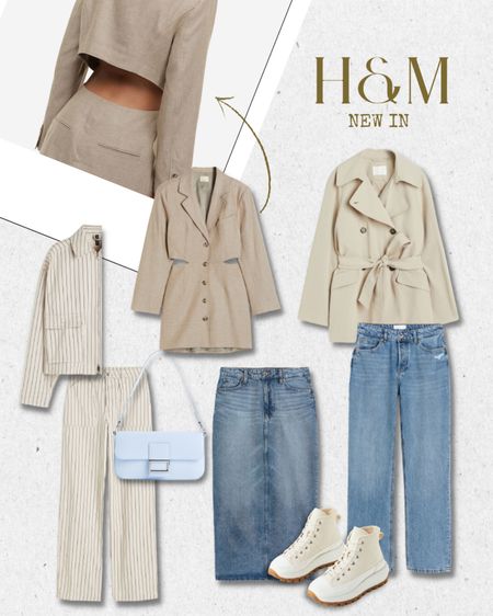 H&M new in products spring collection fashion trends. Twill utility trousers with matching twill jacket beige set. Beige cutout blazer dress. Long denim skirt. Beige platform sneakers. Straight leg high waisted denim jeans. Short trench coat

#LTKSeasonal #LTKeurope #LTKunder100