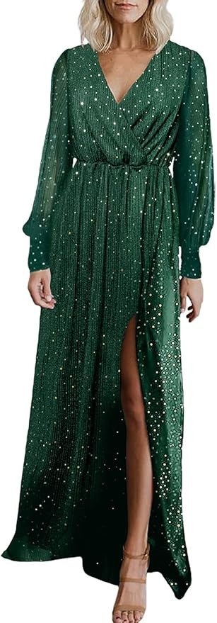 Bdcoco Women's V Neck Formal Gown Evening Dresses Long Sleeve Bridesmaid Maxi Dress with Slit | Amazon (US)