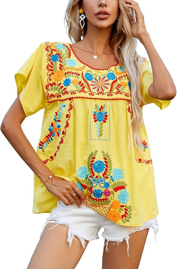 YZXDORWJ Women's Embroidered Mexican Peasant Blouse Mexico Summer Shirt Short Sleeve | Amazon (US)