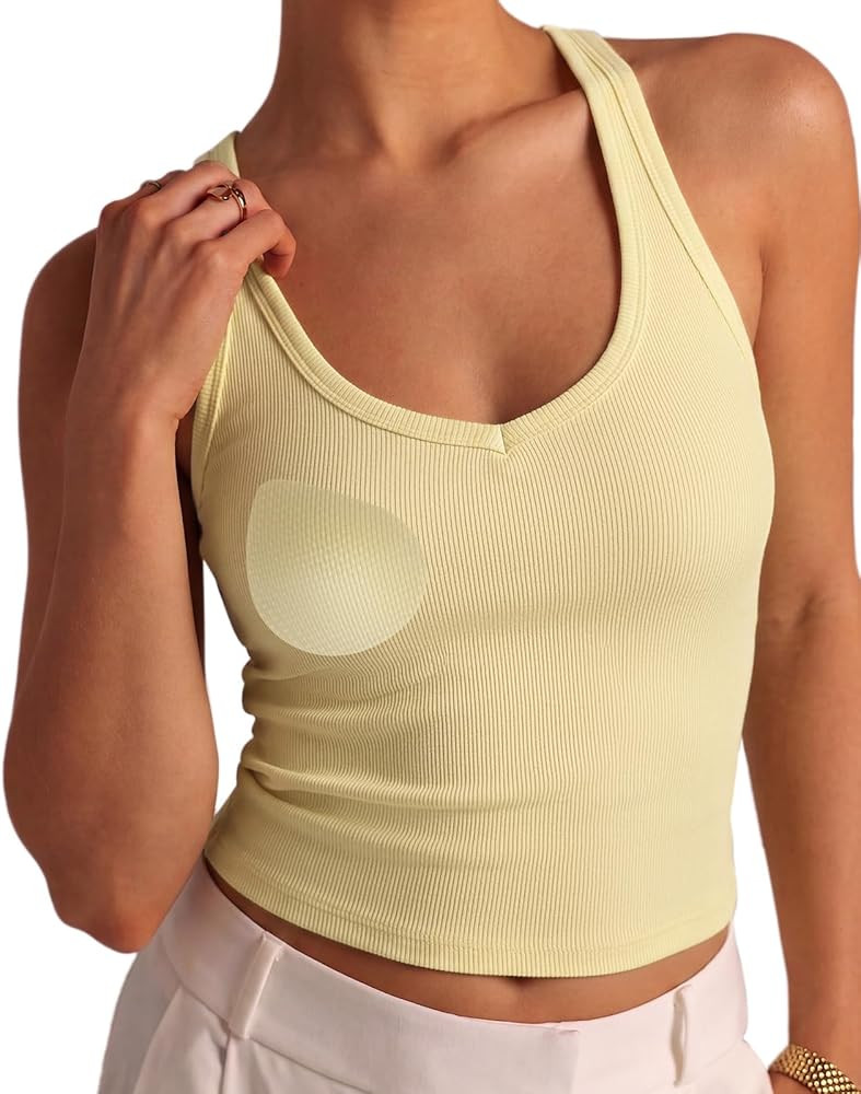 SUUKSESS Women Padded Cotton Ribbed V Neck Tank Top Summer Basic Going Out Tops | Amazon (US)