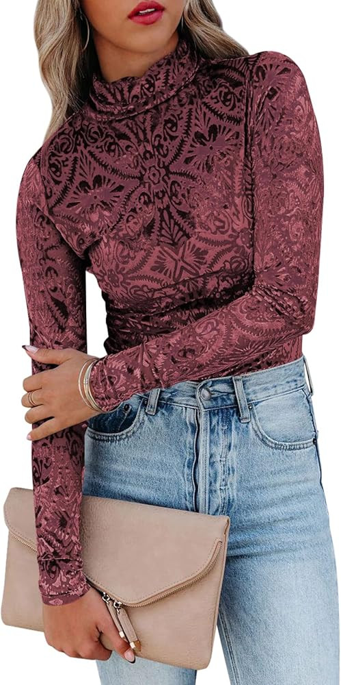 miduo Womens Slim Fit Velvet Burnout Top Cowl Neck Long Sleeve See Through Shirt Blouses Tops | Amazon (US)