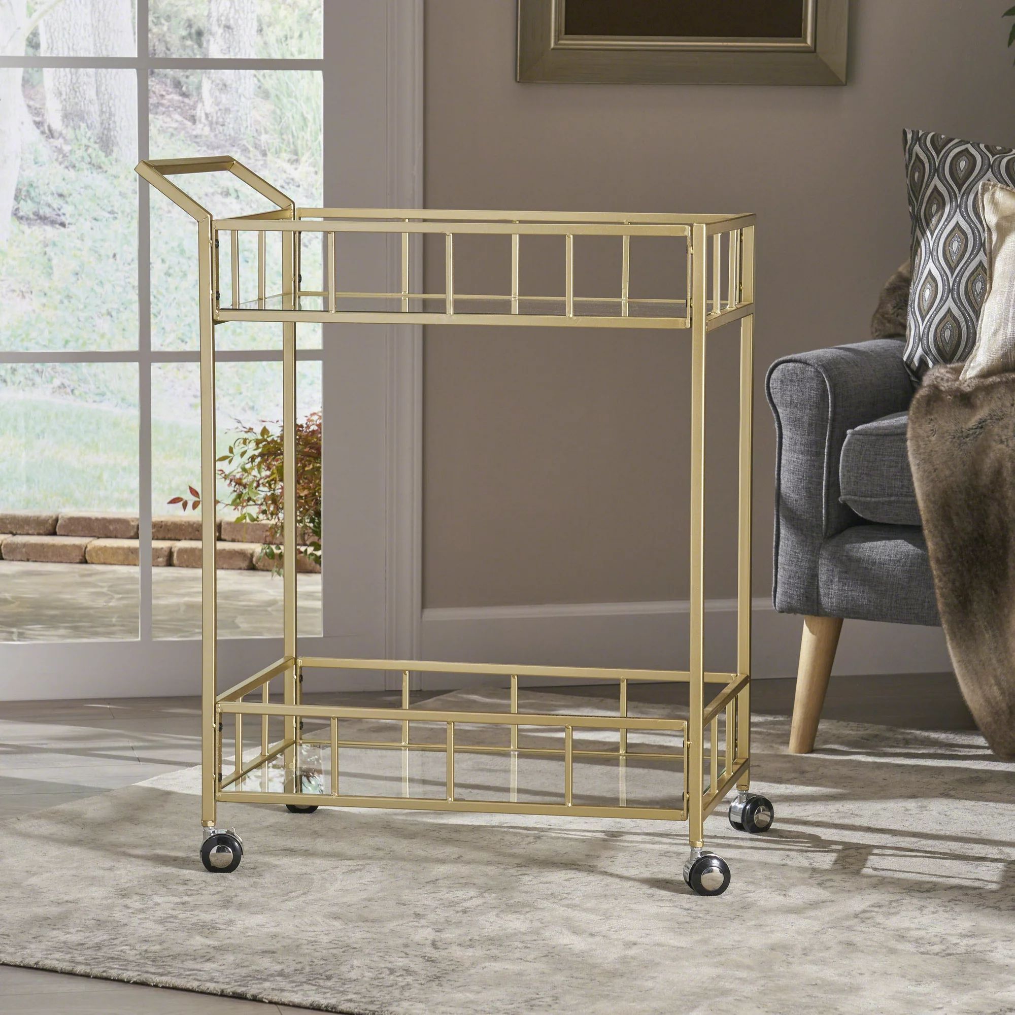 Noble House Indoor Modern Glam Iron and Glass Bar Cart, Gold | Walmart (US)