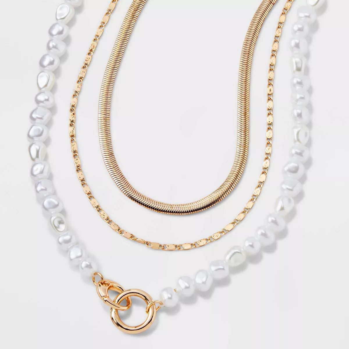 Gold Pearl Herringbone Chain 3 Row Necklace - A New Day™ Gold | Target