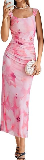 Simplee Womens Summer Wedding Guest Dress Floral Bodycon Mesh Tank Sleeveless Ruched Sexy Party S... | Amazon (US)