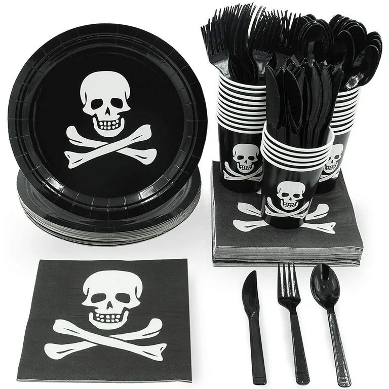 Serves 24 Pirate Theme Party Supplies & Decorations for Halloween & Kids Birthday, Black Paper Pl... | Walmart (US)