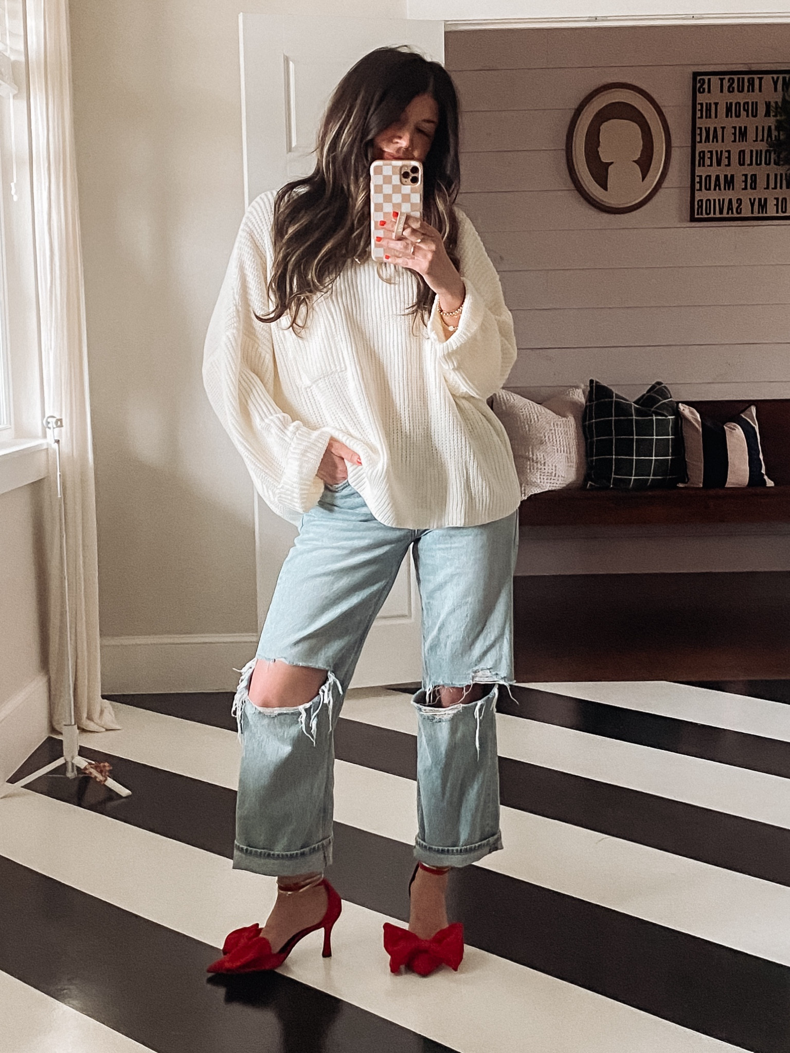 Christmas Holiday outfit! 
-cream oversized sweater: S 
-denim jeans: 0 - tts; short length
-red bow heels: tts (they sent me 6 and 6.5 and they fit the exact same!)

#LTKHoliday #LTKSeasonal #LTKCyberWeek

#LTKParties #LTKSeasonal #LTKHoliday