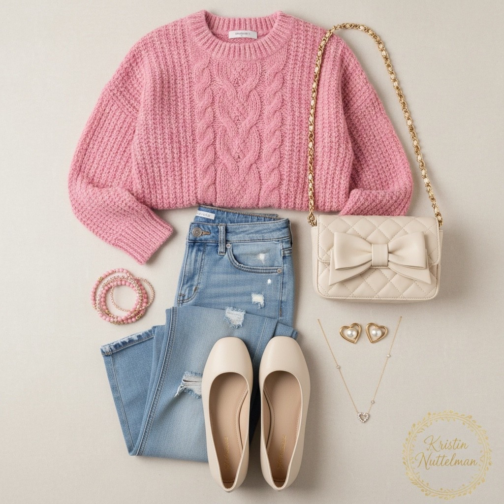 Here's the caption for the pink cable knit sweater post:

Caption:
This pink cable knit sweater has me OBSESSED! 💕

It's the perfect cozy-but-cute piece that works for literally everything. Pair it with distressed jeans, slip-on shoes, and that adorable cream quilted bow bag, and you've got an outfit that screams effortless style.

I'm all about pieces that feel good AND look good, and this sweater checks both boxes. The cable knit detail is so cute, and the soft pink color is just chef's kiss. Gold jewelry adds the perfect finishing touch!

Comment SHOP below to snag this beauty! Don't snooze.

#LTKFindsUnder50 #LTKmomlife #LTKootd