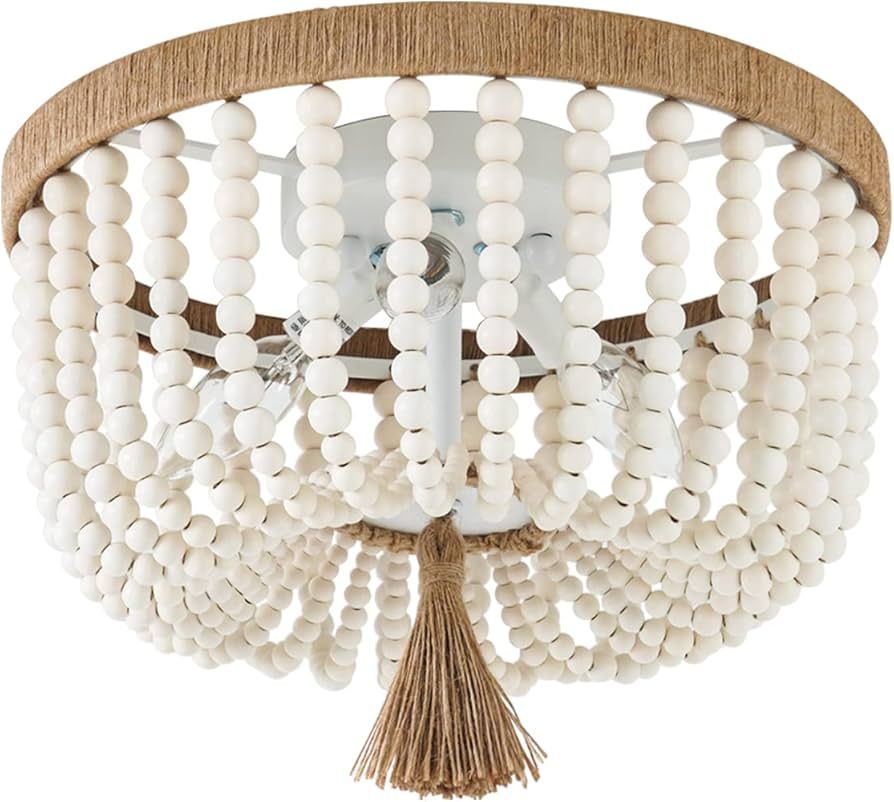 VILUXY Bohemia Wood Beaded Flush Mount Ceiling Light Antique Rustic Mini Chandelier White Finishi... | Amazon (US)